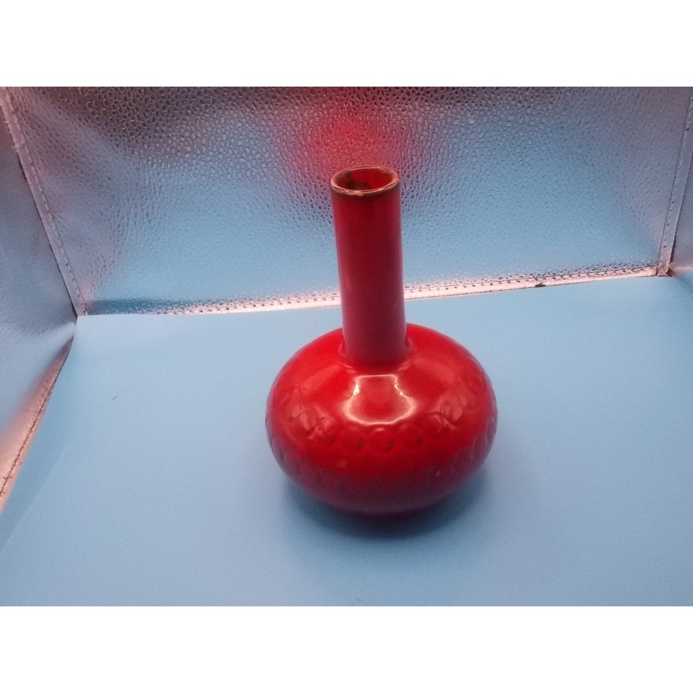 Vintage Red Ceramic Bud Vase Embossed Circular Pattern Glossy Finish 8 Inch